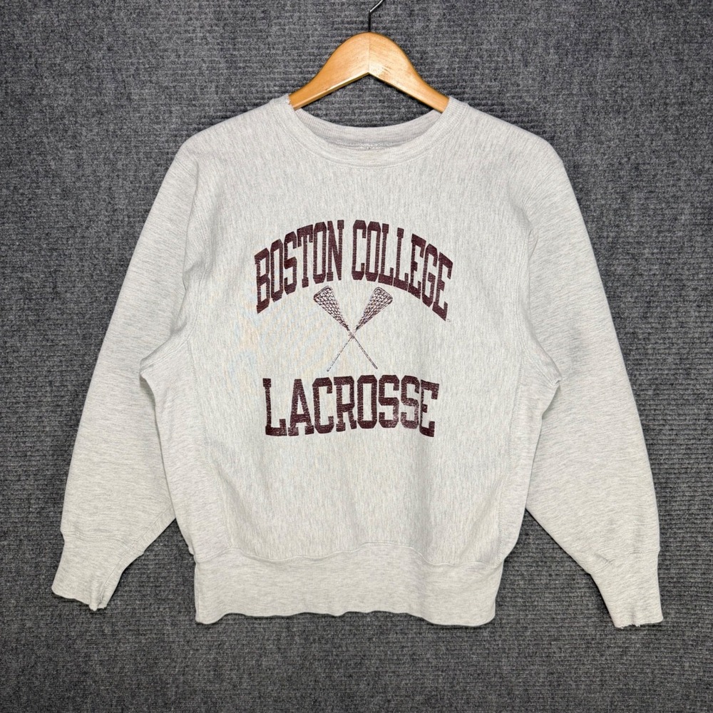 Vintage 90s Champion Reverse Weave Boston College Lacrosse Sweatshirt Grey Mens